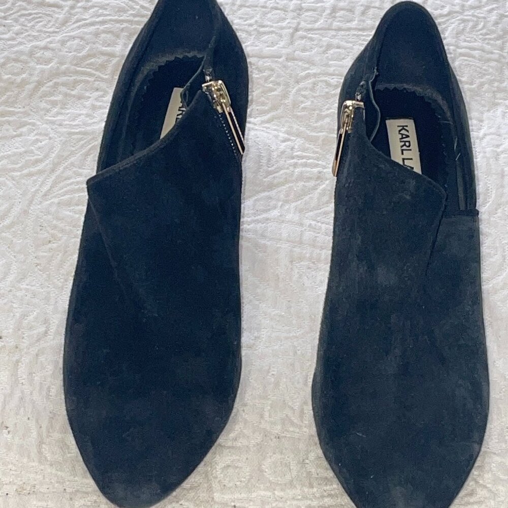 Karl Lagerfeld Black Suede Ankle Booties Gold Zip Pointed Toe Stiletto Heel 6.5M